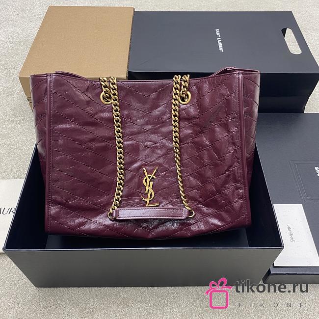 YSL Niki Medium Shopping In Vintage Leather Burgundy Gold Tone - 33x27x14cm - 1