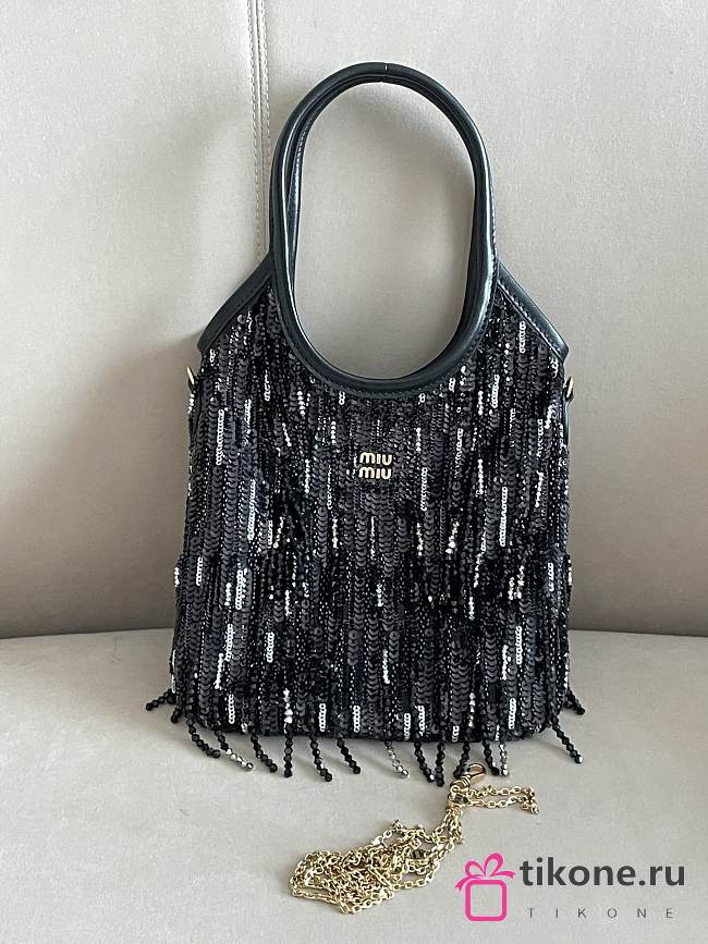 Miumiu Ivy Satin Handbag With Crystal And Sequin Fringe Black 5BA281 - 24x20cm - 1