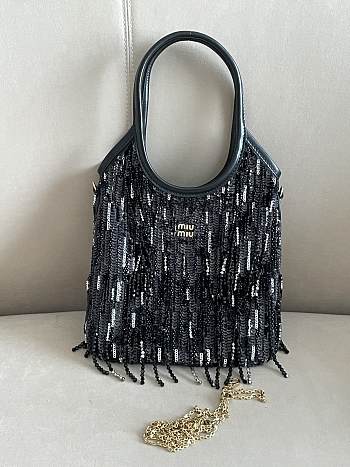 Miumiu Ivy Satin Handbag With Crystal And Sequin Fringe Black 5BA281 - 24x20cm