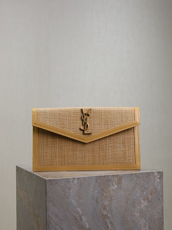 YSL Uptown Pouch In Micro Raffia Natural Hay & Blush - 27x16x2cm