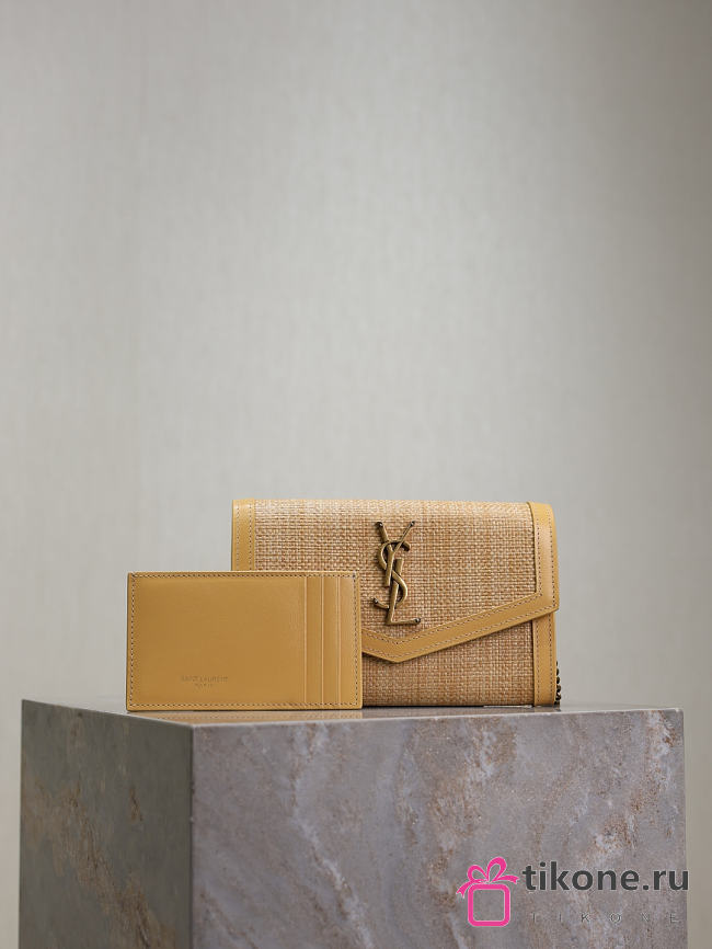 YSL Uptown Chain Wallet In Micro Raffia Natural Hay & Blush - 19x12x3cm - 1