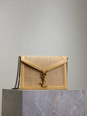 YSL Cassandra Chain Crossbody Bag In Raffia Natural Hay & Blush - 22x16.5x5.5cm