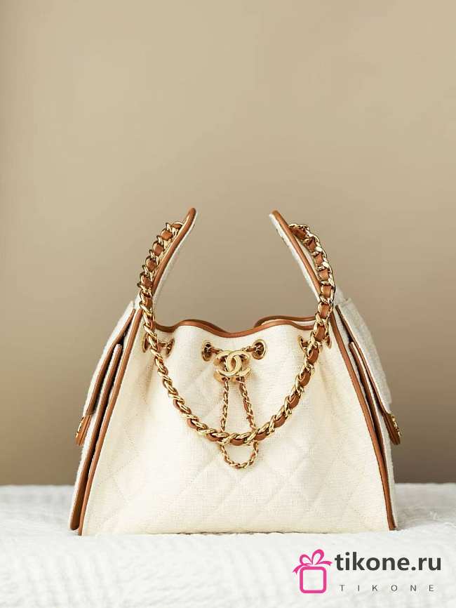 Chanel 25 Small Handbag Canvas Calfskin & Gold-Tone Metal Ecru & Camel - 30x26x14cm - 1