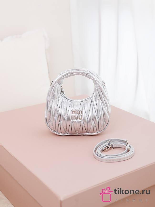 Miumiu Mini Wander Matelasse Nappa Leather Hobo Bag Silver 5BP078 - 17.5x14x5.5cm - 1