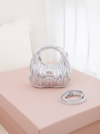 Miumiu Mini Wander Matelasse Nappa Leather Hobo Bag Silver 5BP078 - 17.5x14x5.5cm