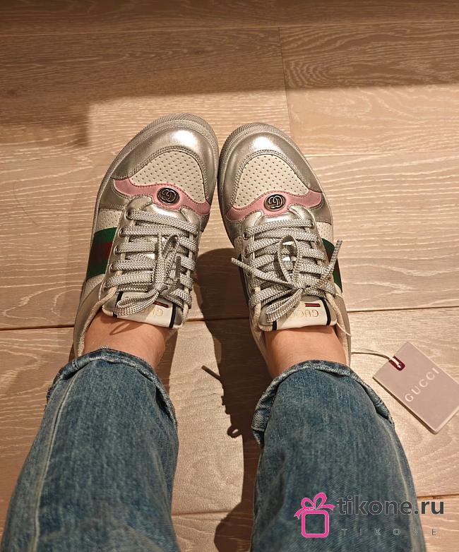 Gucci Women's Worn-Out Effect Screener Sneaker Silver Metallic Leather - 1