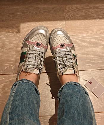 Gucci Women's Worn-Out Effect Screener Sneaker Silver Metallic Leather