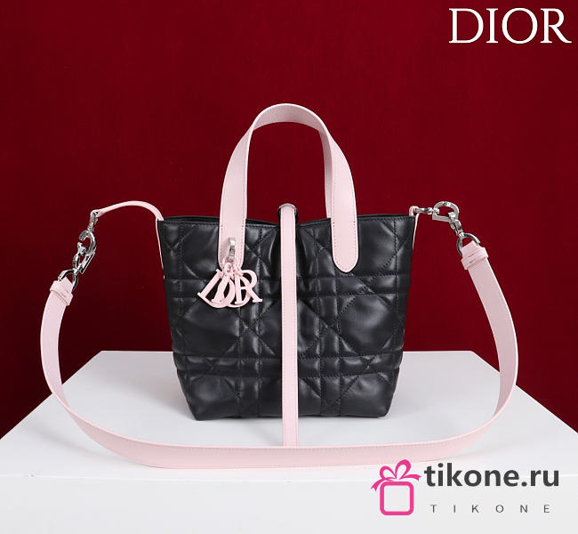 Small Dior Toujours Vertical Tote Bag Rose Soupir and Black Macrocannage Calfskin - 18x16x12cm - 1