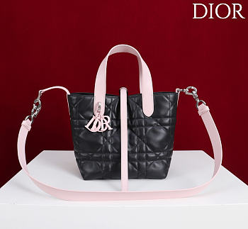 Small Dior Toujours Vertical Tote Bag Rose Soupir and Black Macrocannage Calfskin - 18x16x12cm