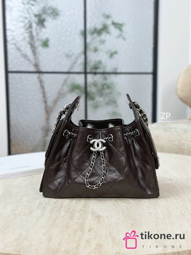 Chanel 25 Mini Handbag Shiny Crumpled Calfskin & Silver-Tone Metal Chocolate - 20x22x12.5cm - 1