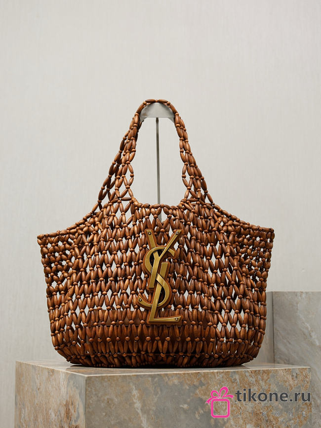 YSL Icare Medium In Wood Beads Light Wood And Brick - 31-46x28x16cm - 1