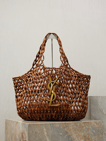 YSL Icare Medium In Wood Beads Light Wood And Brick - 31-46x28x16cm