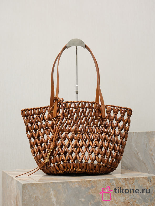 YSL Panier Small In Wood Beads Light Wood And Brick - 28-49x35x30cm - 1