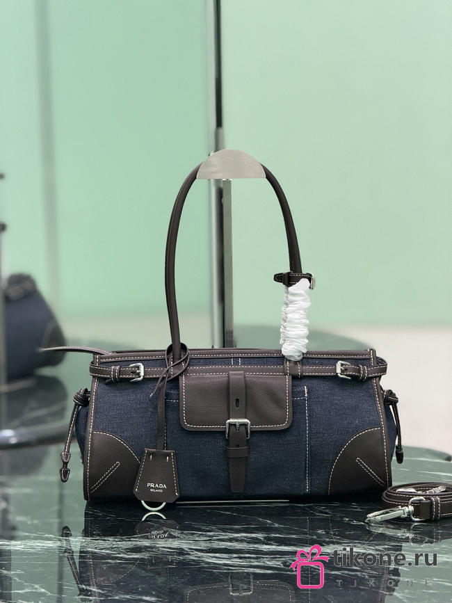 Prada Bonnie Medium Denim And Leather Handbag Blue/Coffee 1BA426 - 32x15.5x12cm - 1