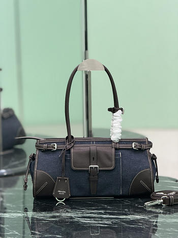 Prada Bonnie Medium Denim And Leather Handbag Blue/Coffee 1BA426 - 32x15.5x12cm