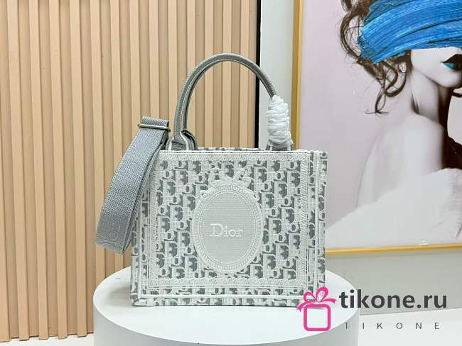 Small Dior Book Tote with Strap Latte and Gray Dior Oblique Embroidery and White Lace - 26.5x22x14cm - 1