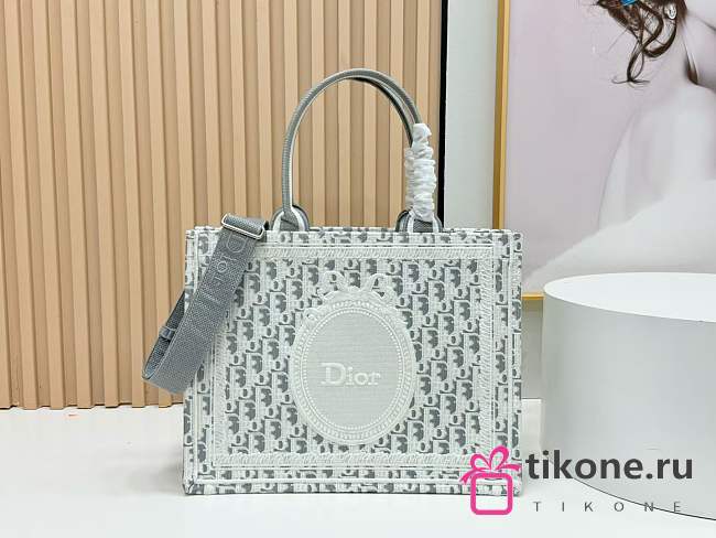 Medium Dior Book Tote with Strap Latte and Gray Dior Oblique Embroidery and White Lace - 36x27.5x16.5cm - 1