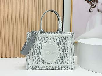 Medium Dior Book Tote with Strap Latte and Gray Dior Oblique Embroidery and White Lace - 36x27.5x16.5cm