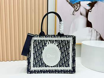 Medium Dior Book Tote with Strap Blue Dior Oblique Embroidery and White Lace - 36x27.5x16.5cm