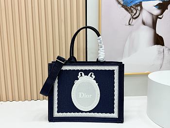 Medium Dior Book Tote with Strap Blue Dior Oblique Embroidery with White Lace and Dior Medaillon - 36x27.5x16.5cm