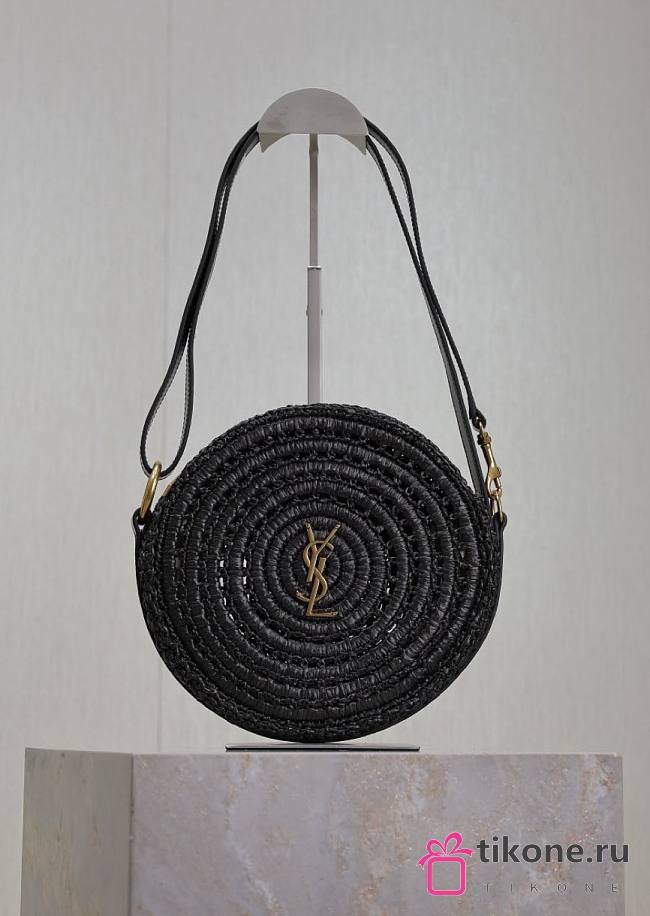 YSL Round Bag in Raffia and Vegetable-Tanned Leather Black - 21.5x21.5x4.5cm - 1