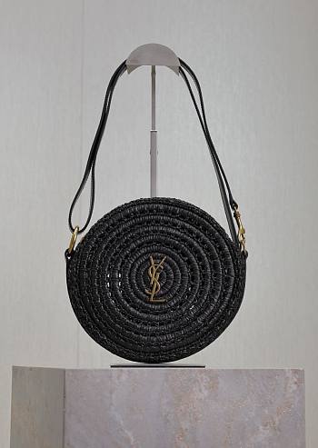 YSL Round Bag in Raffia and Vegetable-Tanned Leather Black - 21.5x21.5x4.5cm