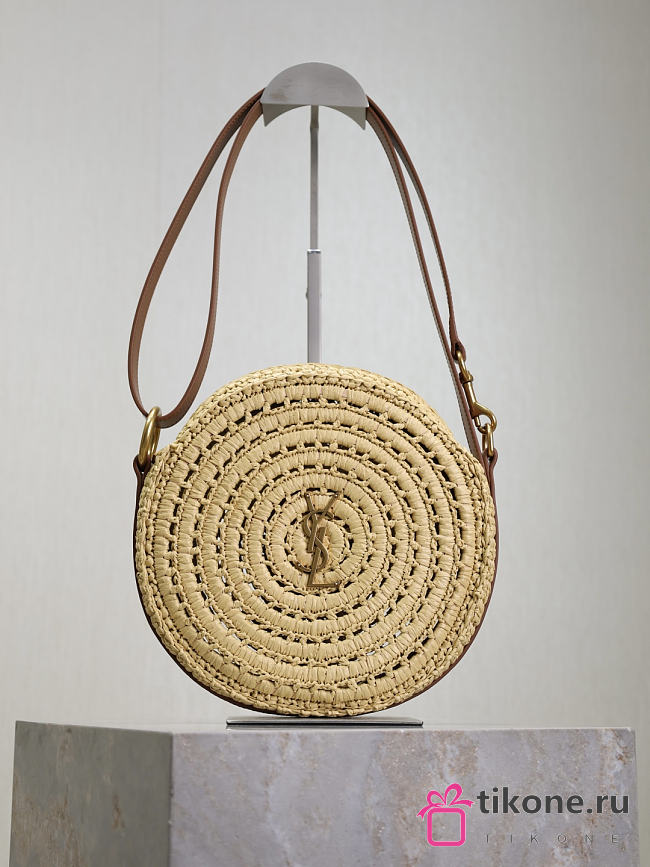 YSL Round Bag in Raffia and Vegetable-Tanned Leather Natural - 21.5x21.5x4.5cm - 1