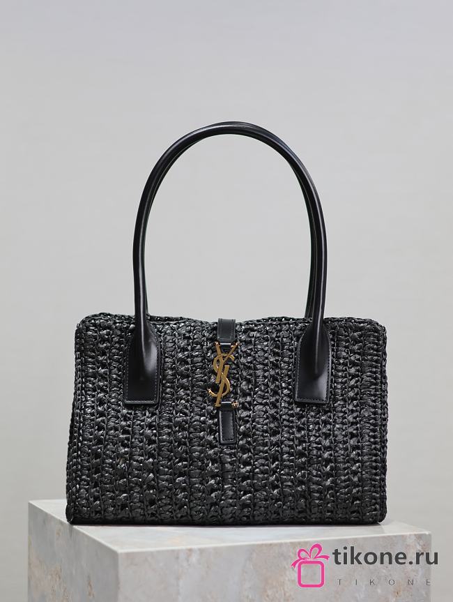 YSL Panier Rectangle Leather-Trimmed Raffia Tote Bag Black - 29x21x9cm - 1