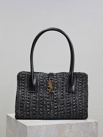 YSL Panier Rectangle Leather-Trimmed Raffia Tote Bag Black - 29x21x9cm