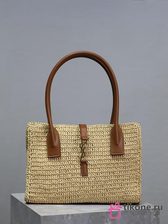 YSL Panier Rectangle Leather-Trimmed Raffia Tote Bag Natural - 29x21x9cm - 1