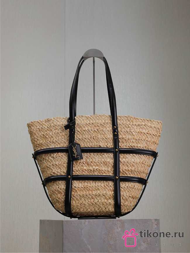 YSL Panier Studded Leather-Trimmed Woven Raffia Tote Bag Natural - 40x29x19cm - 1