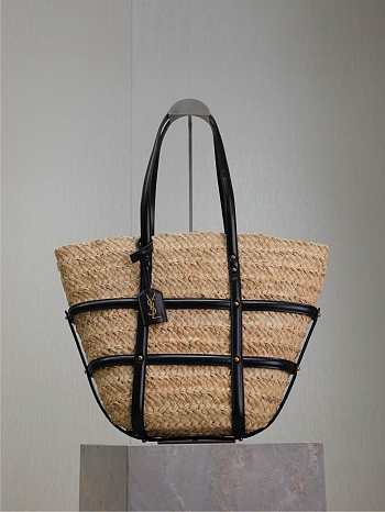 YSL Panier Studded Leather-Trimmed Woven Raffia Tote Bag Natural - 40x29x19cm