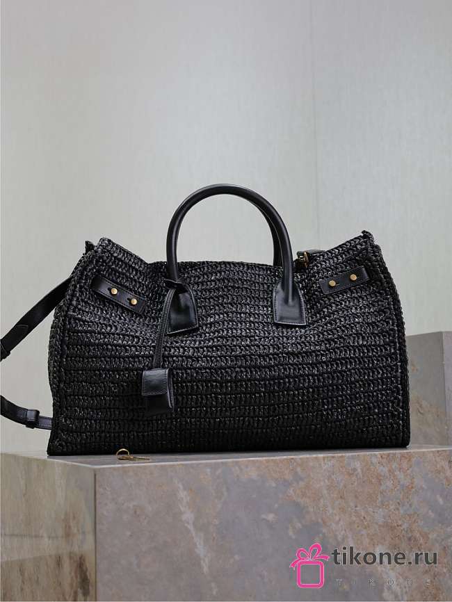 YSL Medium Sac De Jour Raffia Top Handle Bag Black - 41x28x13cm - 1