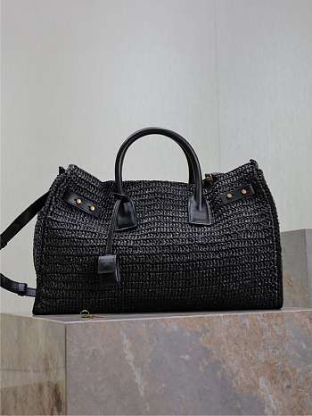 YSL Medium Sac De Jour Raffia Top Handle Bag Black - 41x28x13cm