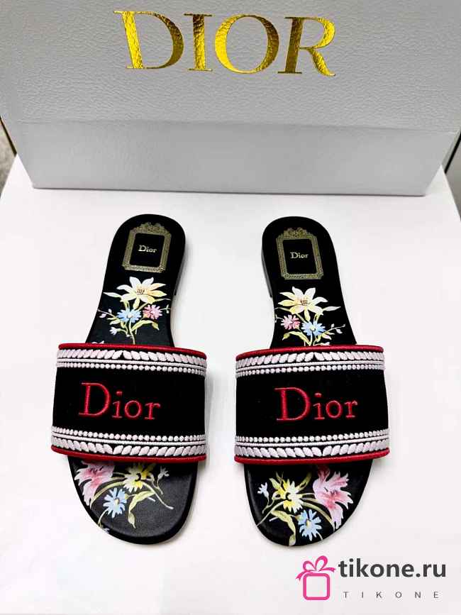 Dior Dway Slide Black Embroidered Cotton and Multicolor Dior Secret Garden Motif - 1