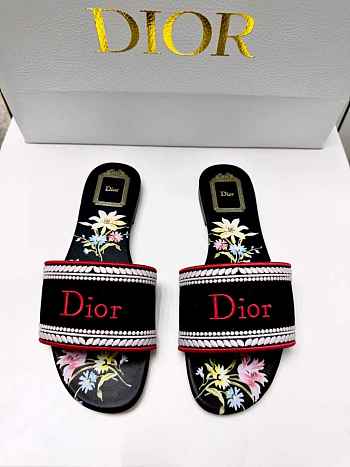 Dior Dway Slide Black Embroidered Cotton and Multicolor Dior Secret Garden Motif