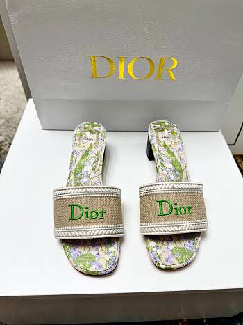 Dior Dway Heeled Slide Natural Embroidered Cotton and Multicolor Lily of the Valley Motif 3.5cm