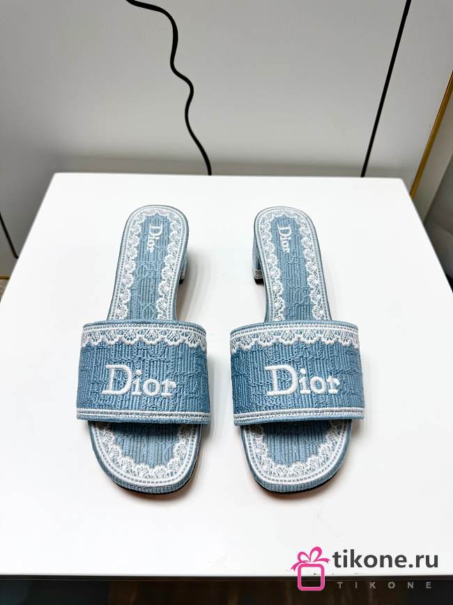 Dior Dentelle Heeled Slide Sky Blue Dior Oblique Embroidered Cotton and White Lace 3.5cm - 1