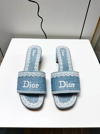 Dior Dentelle Heeled Slide Sky Blue Dior Oblique Embroidered Cotton and White Lace 3.5cm