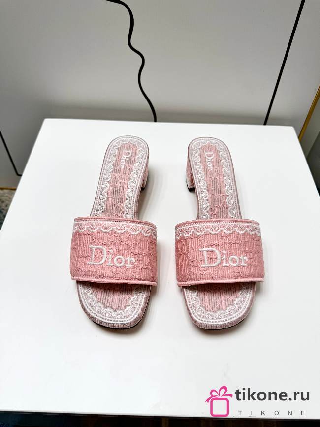 Dioramour Dior Dentelle Heeled Slide Soupir Pink Dior Oblique Embroidered Cotton and White Lace 3.5cm - 1