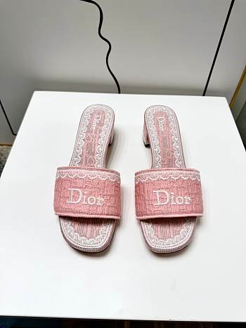 Dioramour Dior Dentelle Heeled Slide Soupir Pink Dior Oblique Embroidered Cotton and White Lace 3.5cm