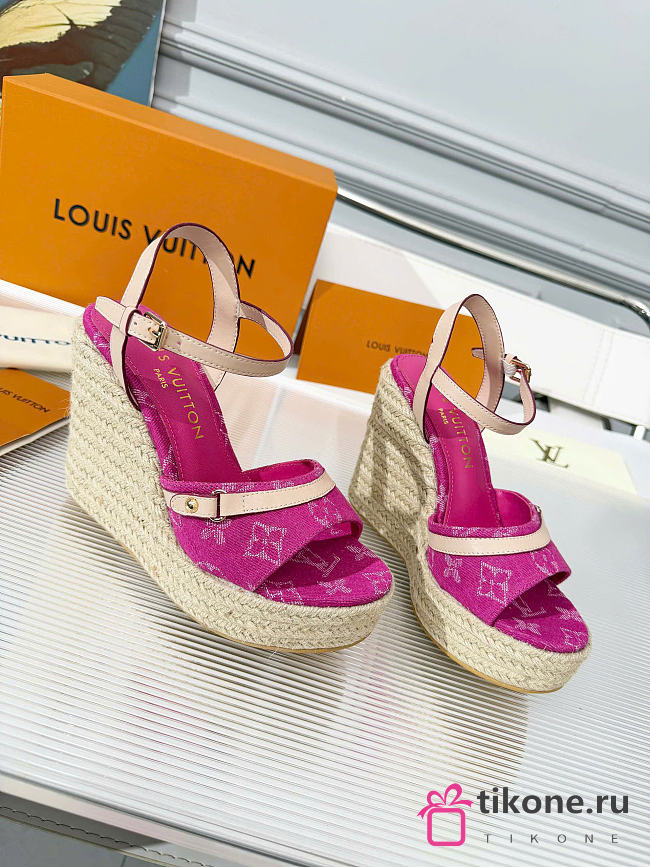 LV Helios Wedge Sandal Monogram Denim Fuchsia 1AJKWJ  - 1