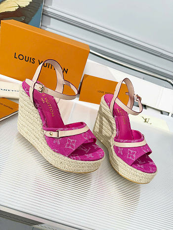 LV Helios Wedge Sandal Monogram Denim Fuchsia 1AJKWJ 