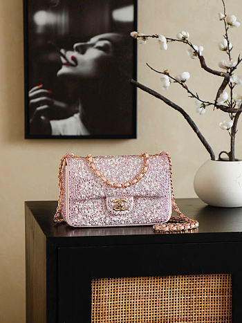 Chanel Evening Bag Diamante, Imitation Pearls & Gold-Tone Metal Dark Pink, Pearly White & Light Pink - 21x13x8cm