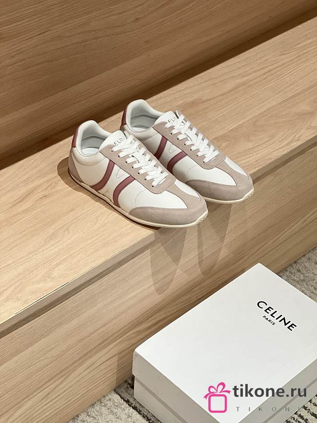 Celine Jogger Low Lace Up Sneaker In Calfskin & Suede White/Pink - 1