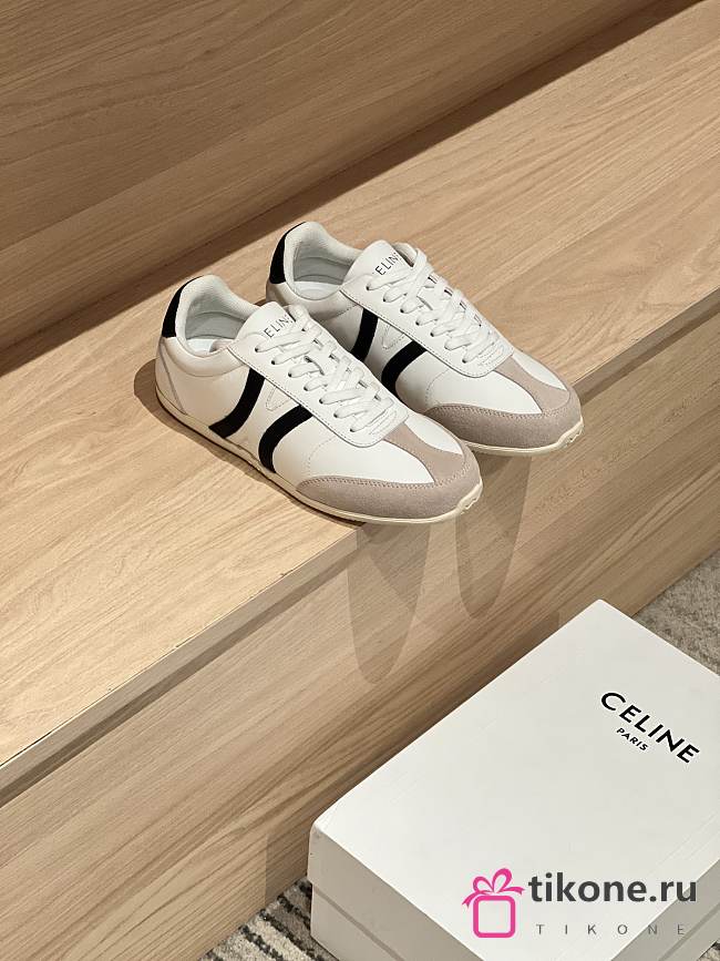 Celine Jogger Low Lace Up Sneaker In Calfskin & Suede White/Black - 1