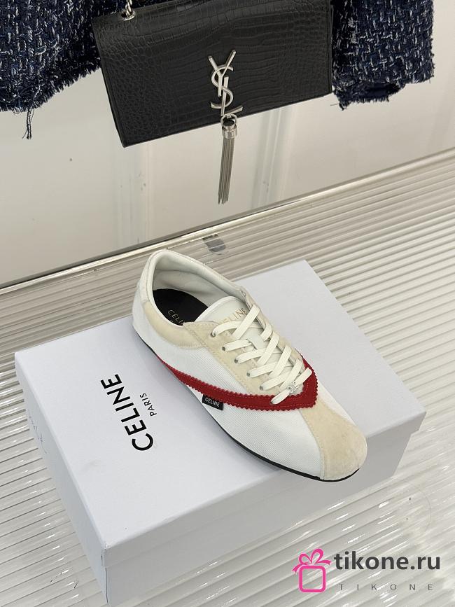 Celine The Flat Sneaker In Gros Grain, Velvet, Suede Goatskin And Lambskin White/Red - 1