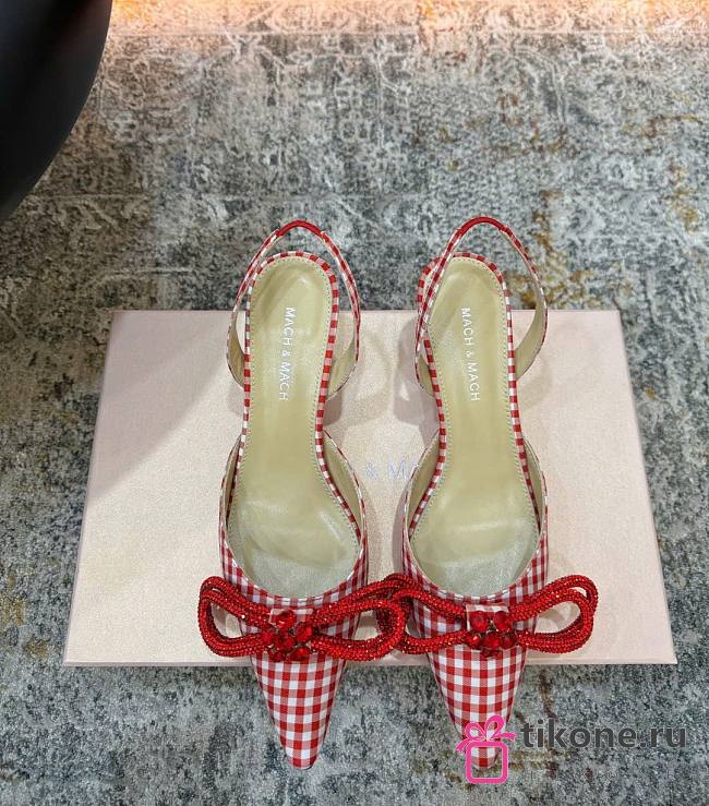 Mach&Mach Double Bow Red Gingham Slingback 65mm Red  - 1
