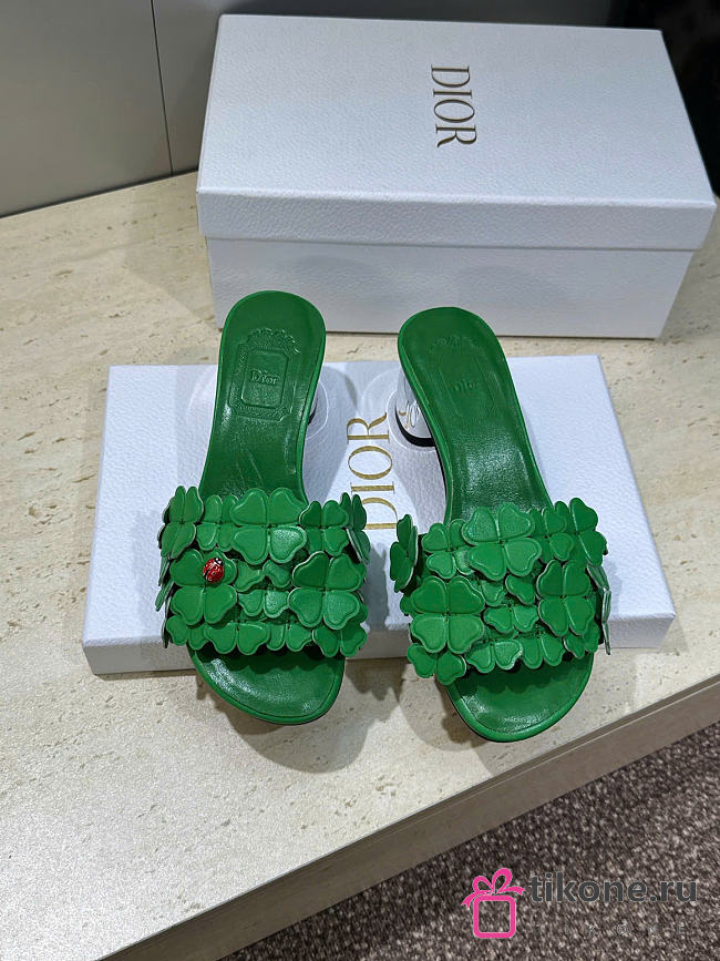 Dior Bloom Heeled Slide Green Dior Clover Embroidered Lambskin - 1
