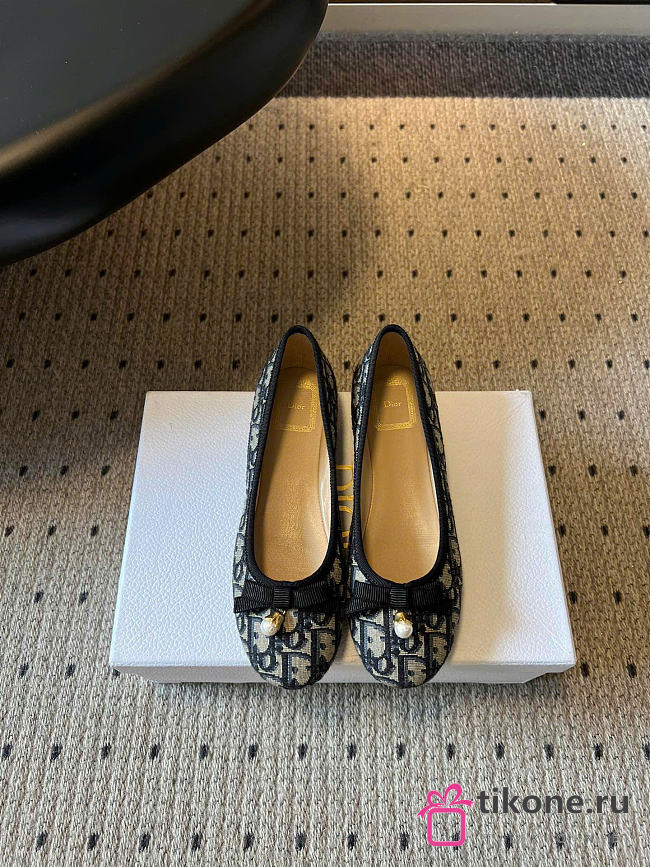 Dior Ballet Flat Cotton Embroidered with Deep Blue Dior Oblique Motif - 1